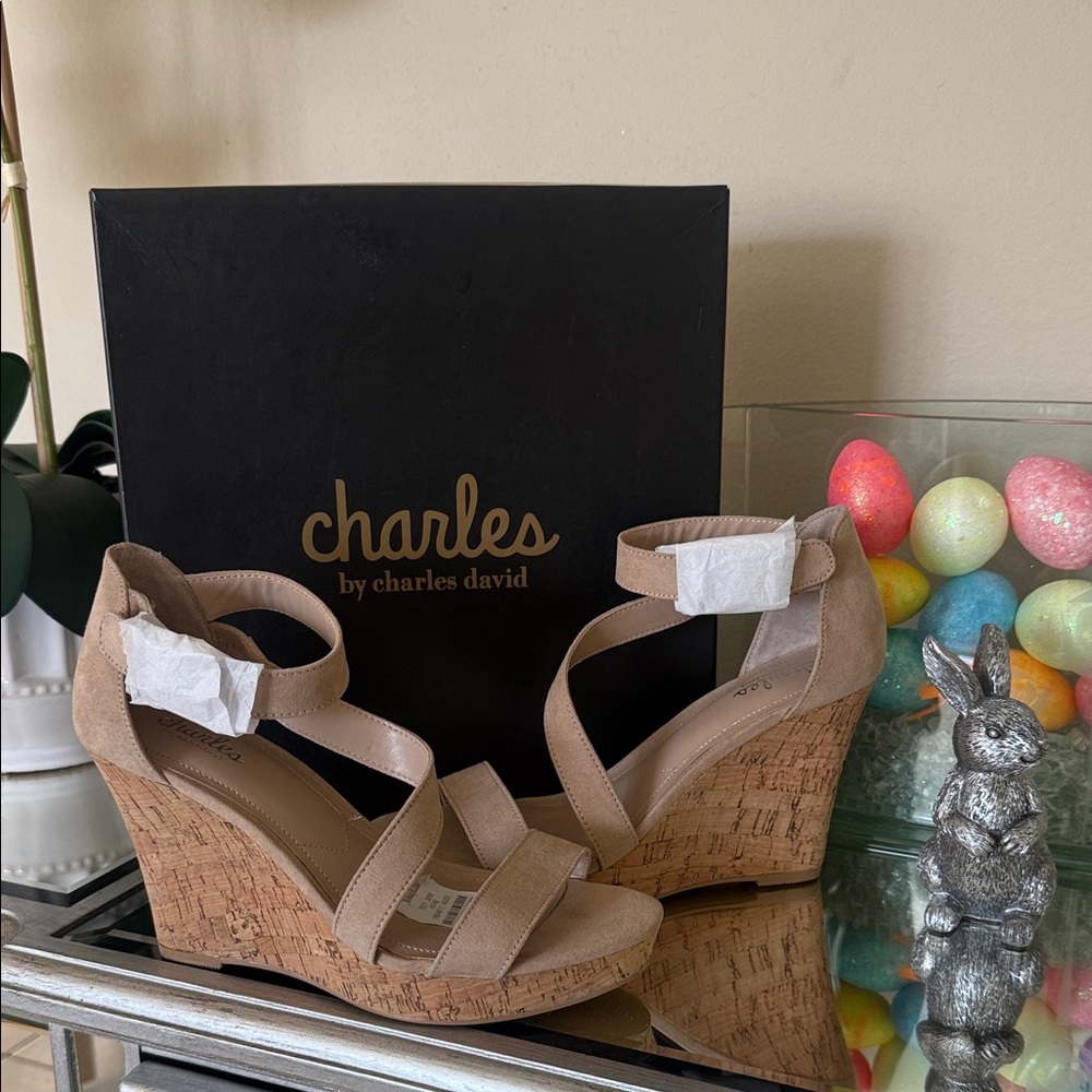 Charles by Charles David Tan Cork Wedge Sandals with Ankle Strap